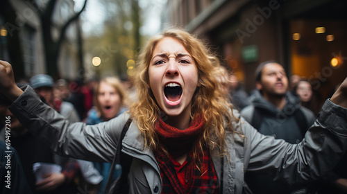 A passionate woman activist shouting at a protest rally, expressing intense emotions amidst a crowd of demonstrators.