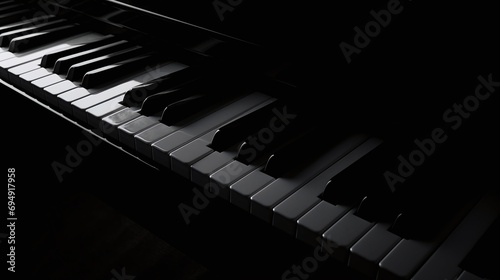 Elegant Black Piano Keys Closeup in Dramatic Low Key Lighting Perfect for Music Themed Backgrounds and Designs