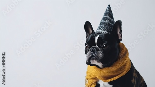 Adorable Brindle French Bulldog Wearing Party Hat and Yellow Scarf on Neutral Background