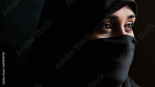 Portrait Of Young Woman Wearing Niqab With Eyes Visible Against Dark Background