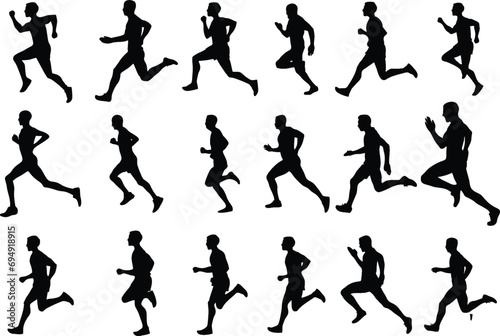 Runners on sprint. Running men, player runners, group of isolated silhouettes in editable vector for reuse in online games, race competition poster or banner for media and web. eps 10.