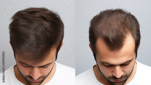 Balding Man Before and After Hair Transplant Surgery. Man Losing Hair Becomes Shaggy. Frontal view. Advertisement Poster for Hair Transplant Clinic, generative ai
