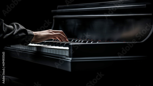 Pianist plays beautifully to an audience at an annual music event on stage at a luxury hotel background.