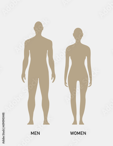 Vector horizontal silhouettes of man and woman in grey color, Male and female gender, model body shapes, front view, isolated on white, icon,flat and line, for medical infographic, fashion sketching,