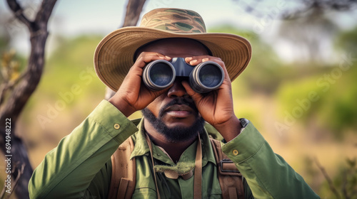 African Man wearing safari hat with binoculars in savannah.