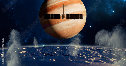 Clipper spacecraft on a flyby over Europa’s surface with Jupiter rising in the background. 3d rendering. Element of this image are furnished by Nasa 
