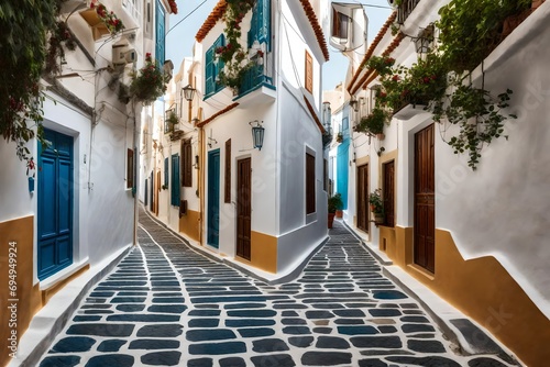 **greece,south aegean, horta, empty alley stretching between white-washed houses.