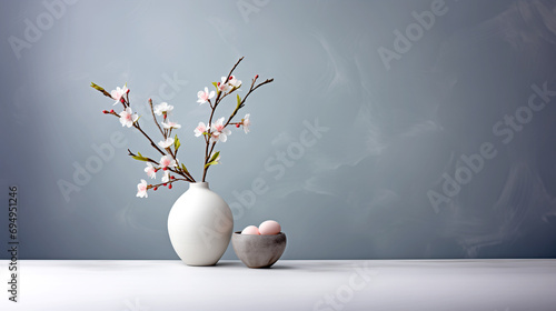 Minimalist Easter still life with a vase of flowers and eggs - Springtime 