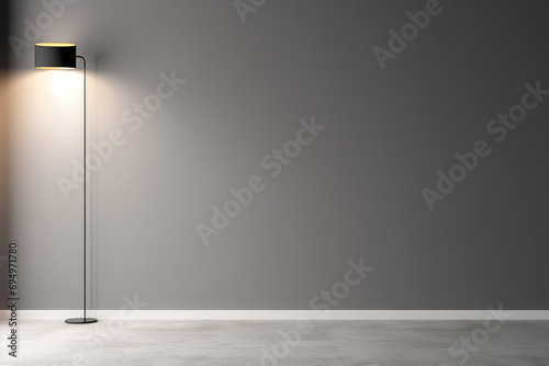 Minimal abstract gray background for presentation. Metal black lamp on the background of a plastered wall.