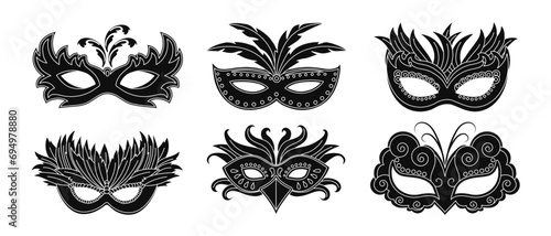 Masquerade carnival masks, set. Black and white design illustration, icons, vector