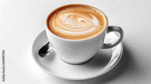 Wide panoramic top view photo of a latte coffee cup with cream design on it and a saucer in white background