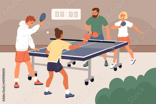 Ping pong tournament. People play table tennis. Couples compete with each other. Athletes hit ball with rackets. Sportsman match. Sport championship. Players team. Garish vector concept