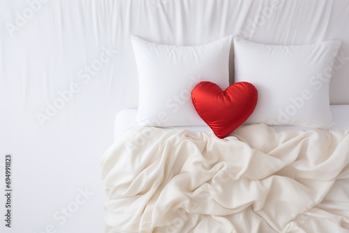 pillow in the shape of a red heart on a white bed top view