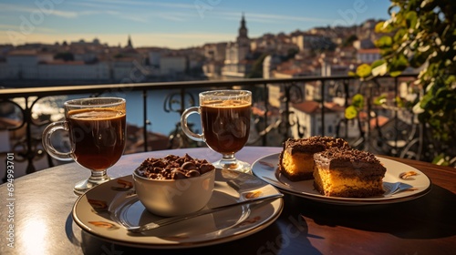 Enjoy a view of the Portuguese town while indulging in a pair of glasses of wine, two cups of freshly brewed espresso, and a classic Portuguese bolo de mel dessert made with honey and nuts.