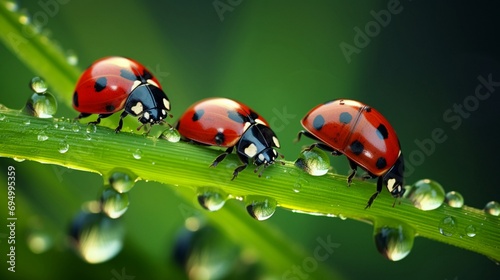 Ladybugs family on a dewy grass. Close up with shallow DOF