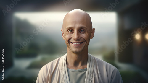 Portrait of smiling cancer patient in sportswear against room with large window