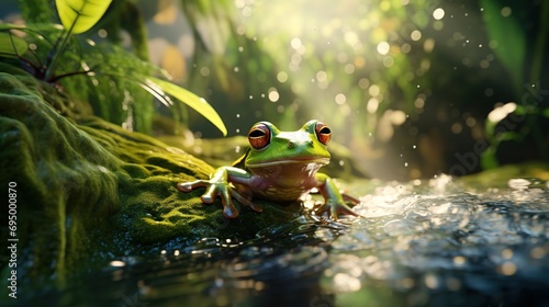 green frog floating in a rainforest river