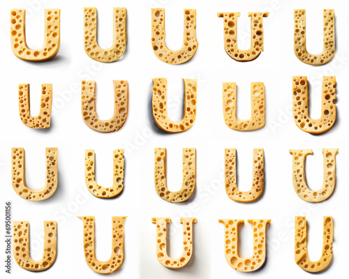 Group of various U shaped letters made from yellow cheese isolated on white background. Generative ai. Cheese font theme.