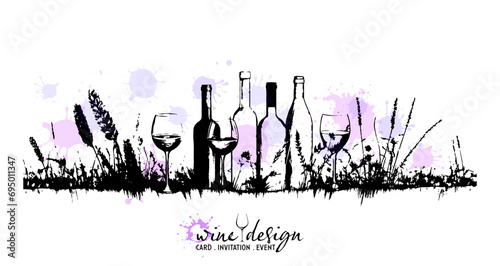 Black wine designs with colorful wine splashes - collection of wine glasses and bottles. Sketch vector illustration with grasses. Wine elements for invitation cards, advertising banners and menus.