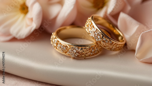 Two elegant gold rings on a background of beautiful flowers