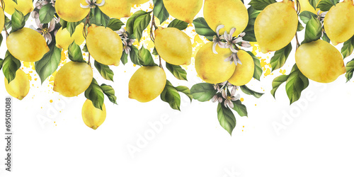 Lemons are yellow, juicy, ripe with green leaves, flower buds on the branches, whole. Watercolor, hand drawn botanical illustration. Seamless border on a white background.