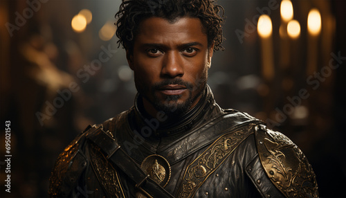 African American knight. Noble warrior. Portrait of one medieval warrior or knight in armor and helmet with shield and sword posing