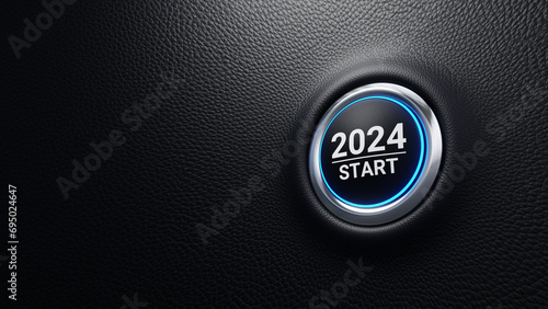 2024 start push button. Planning, start, career path, business strategy, opportunity and change concept. 2024 start modern car button with blue shine. 3d illustration