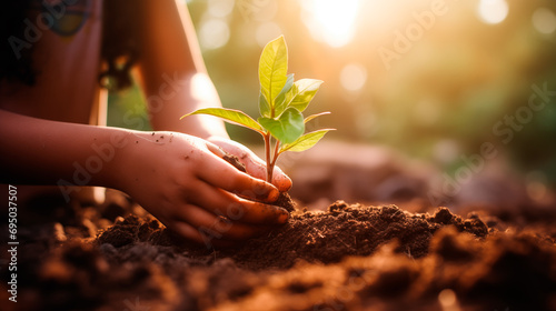 Photograph of small plant with soil in the hands of a child in the foreground.