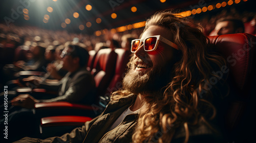 Hipster man in a movie theater with 3D glasses enjoying a comedy movie. Happy smiling man enjoying a movie and entertainment.