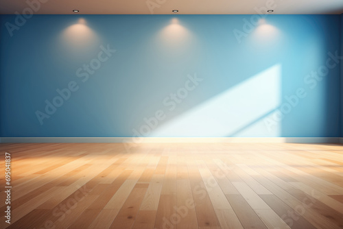 Empty room with blue wall, downlight, parquet floor, sunrays and shadows from window.
