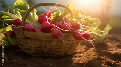 Basket of Ripe harvested radish in the plantation with the sun rays in harvesting time. Created using generative AI.