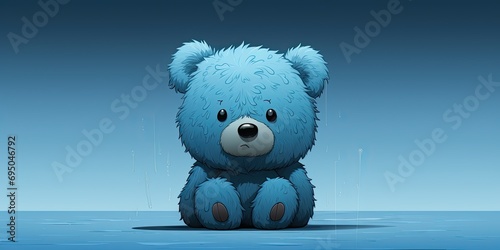 cartoon sad wet blue teddy bear, on a blue background, blue monday, copy space, banner