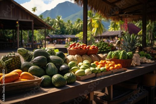 A lively farmers' market showcasing an array of fresh, locally grown produce from the Hawaiian islands. Generative Ai.