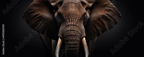 close-up portrait of an elephant's face. Dark background