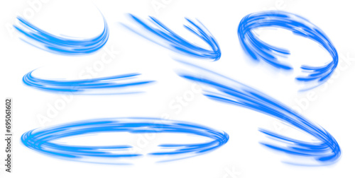 Wavy transparent curved lines in the form of the movement of sound waves in a set of different shapes of whirlpool, twist, spiral. Blue stripes in the form of drill, turns and swirl. Blue stripes in t