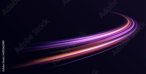 Expressway, the effect of car headlights. Low-poly construction of fine lines. Abstract energy in the form of stripe, arc, curl and zigzag in neon colors with light effect. 