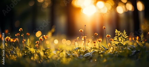 Magical bokeh morning sun on summer sky background with serene green and yellow colors.