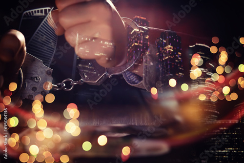 Double exposure of male hands locked in handcuffs with city landscape background, with cross processing filter.