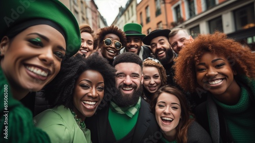 Saint Patrick day background with happy smiling diverse people in green clothes and Leprechaun hats and glasses making selfie
