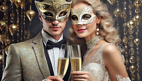 Kobieta i mężczyzna piją szampana na balu karnawałowym