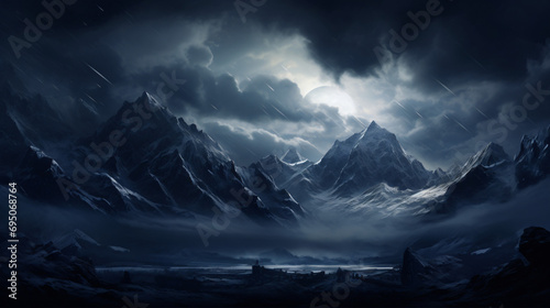 a mountain range covered in snow under a dark sky