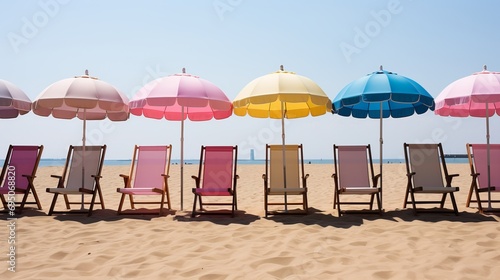 Vibrant beach boardwalk with colorful huts and sun umbrellas, perfect for summer apparel promotion
