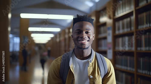 Portrait of handsome African student smiling at a modern university library.
