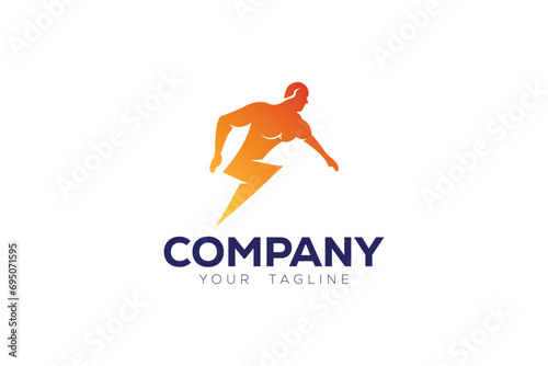 Logo design of a person with the lower part shaped like a lightning bolt. 