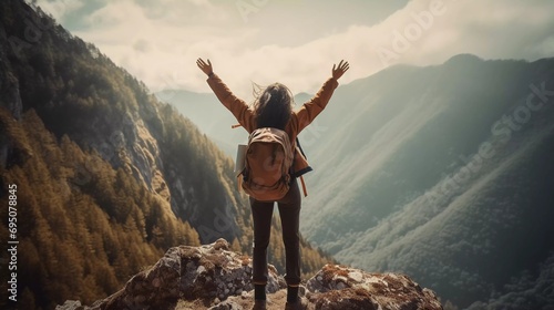 Happy young woman with arms raised at the top of the mountain, Successful climber celebrating success at the top of the mountain
