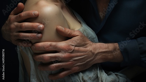  a close up of a person holding a woman's arm with both hands on the arm of the woman.