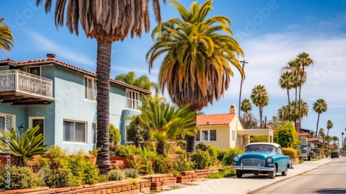 A picturesque street in a quaint California town featuring charming houses with a classic retro car adding a nostalgic touch to the scene. AI-generated image