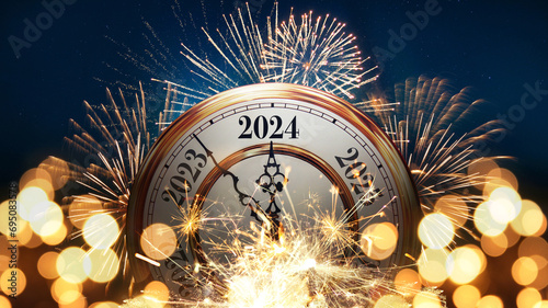 Vintage gold clock New Year 2024 with golden bokeh lights, sparkler and fireworks. New Year 2024 card, creative idea. Christmas