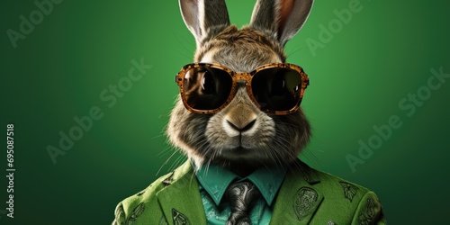 Stylish and fashionable hare or rabbit in a business suit on a green background, Generative AI