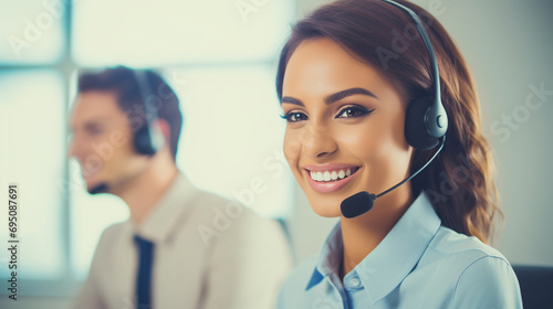a happy, smiling woman as she efficiently works in a call center, creating a vibrant and dynamic professional atmosphere. Generative AI.